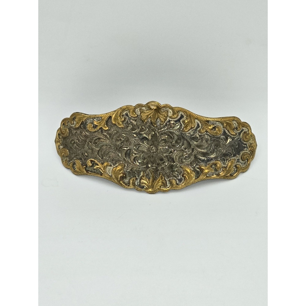 Vintage Ornate Repoussé Floral Silver & Gold Barette‎ - Picture 2 of 5